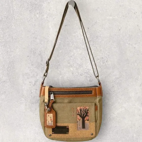 Sherpani Crossbody Purse Canvas Leather Trim Boho Tree Patch Green Brown Bag - Picture 12 of 12